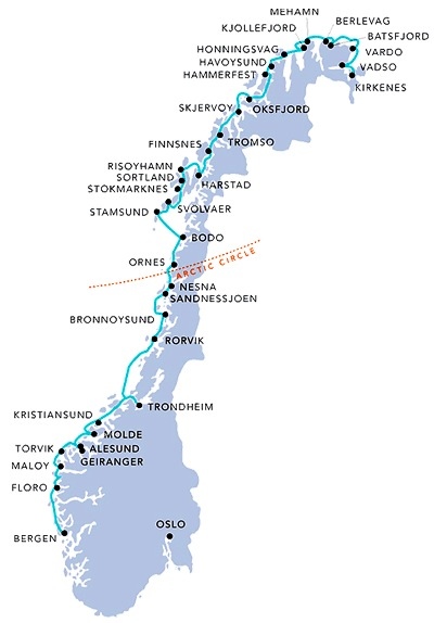 The Hurtigruten route runs all along the Norwegian coast.