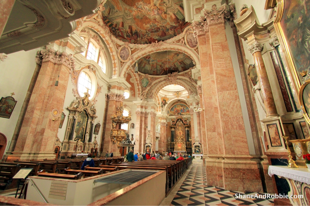The lavishly decorated Baroque interior of the cathedral.